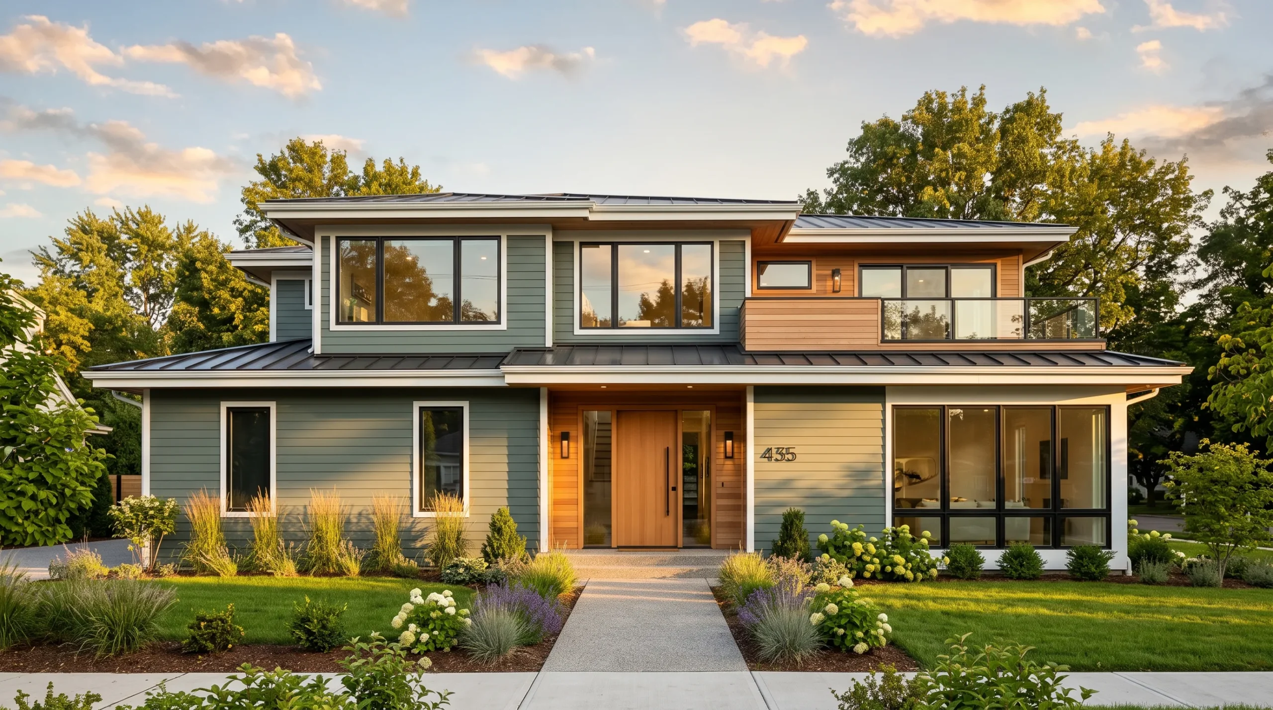 Stunning modern home showcasing the best Exterior House Color Trends for 2026 with sage green siding and white trim