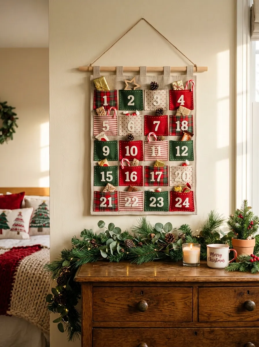 21 Christmas Bedroom Ideas That Make Your Space Feel Magical, Cozy, and Full of Holiday Charm 19 A fabric advent calendar with numbered pockets hanging on a bedroom wall beside pine garland for a fun Christmas room decoration.
