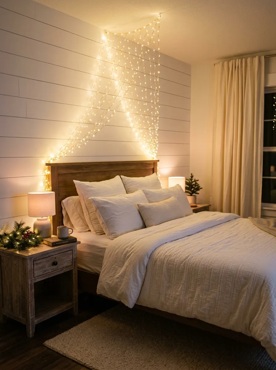 21 Christmas Bedroom Ideas That Make Your Space Feel Magical, Cozy, and Full of Holiday Charm 3 A dreamy bedroom at night with warm fairy lights draped in a canopy above the bed for a magical cozy Christmas bedroom atmosphere.