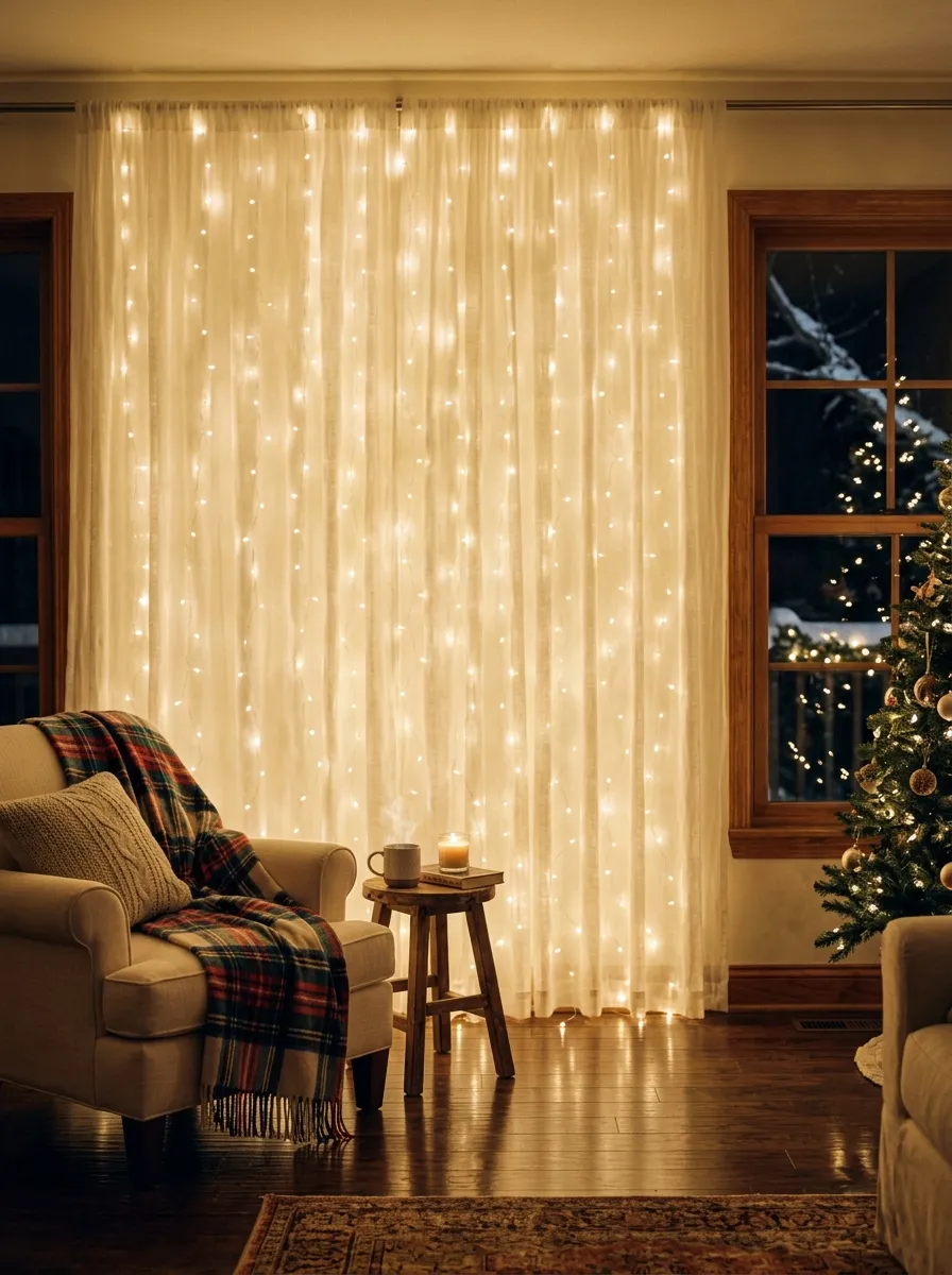 A warm white fairy light curtain wall glowing in a cozy Christmas living room with cream armchair and plaid throw as Christmas room decoration