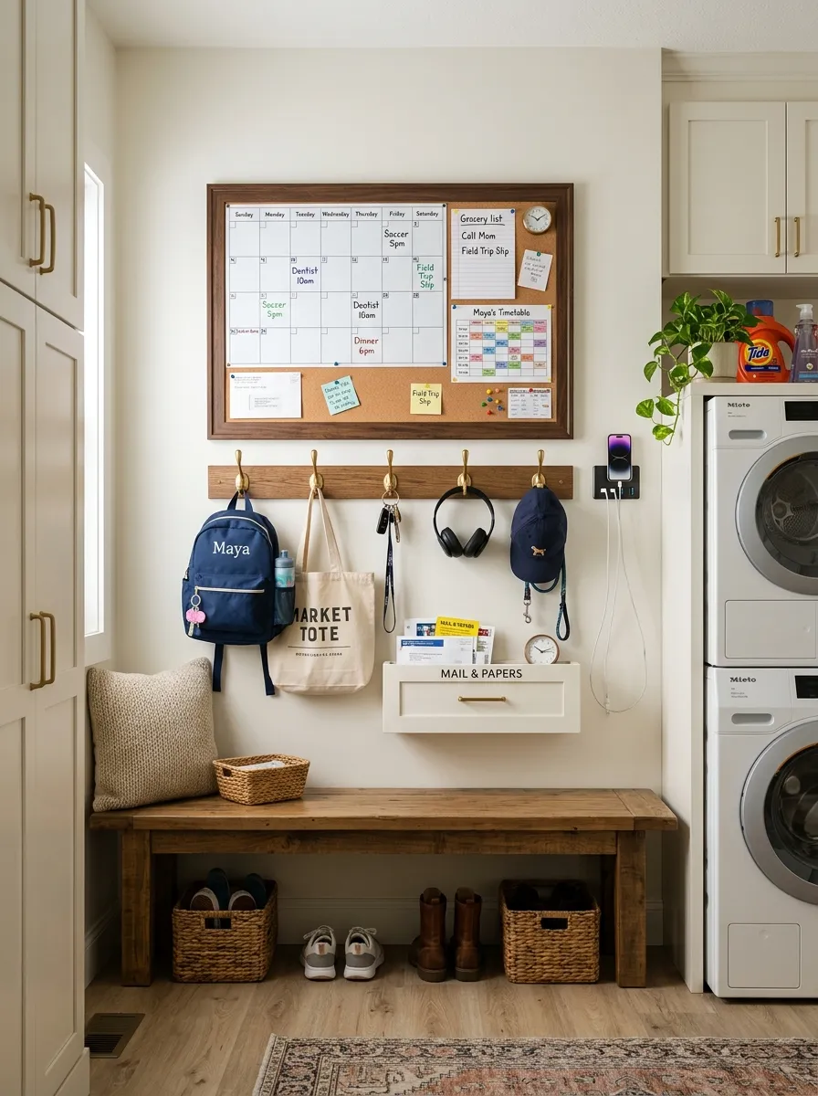 Mudroom laundry room family command center with corkboard calendar, brass hooks, mail drawer, and USB charging station above white bench