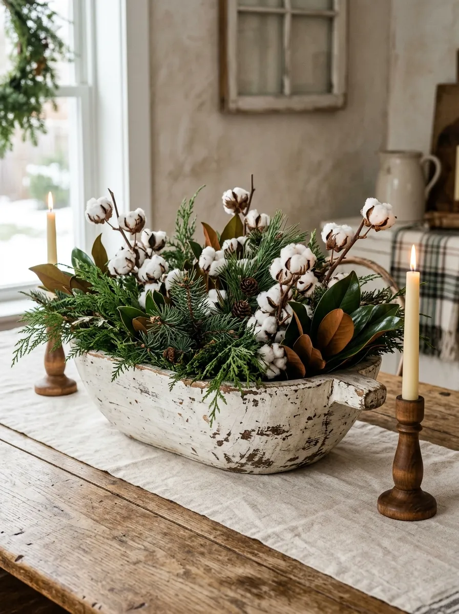 Rustic bread bowl filled with cedar, pine, and magnolia as charming farmhouse holiday table centerpieces