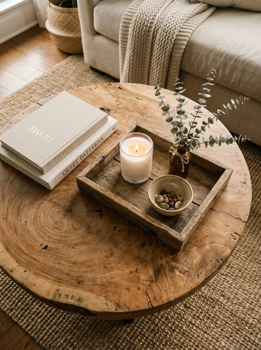 21 Modern Farmhouse Living Room Ideas That Perfectly Balance Texture, Warmth, and Modern Style 13 An overhead close up of a farmhouse living room coffee table with a wooden tray, white pillar candle, small ceramic bowl, and dried eucalyptus sprig.