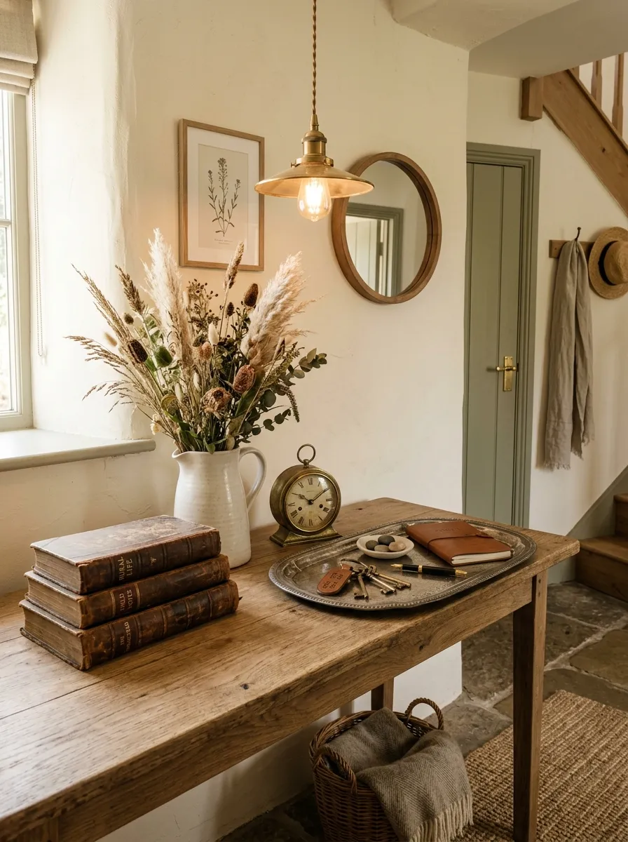 Farmhouse entryway console styled with vintage clock, ceramic pitcher, dried grasses, leather books, and key tray in warm light