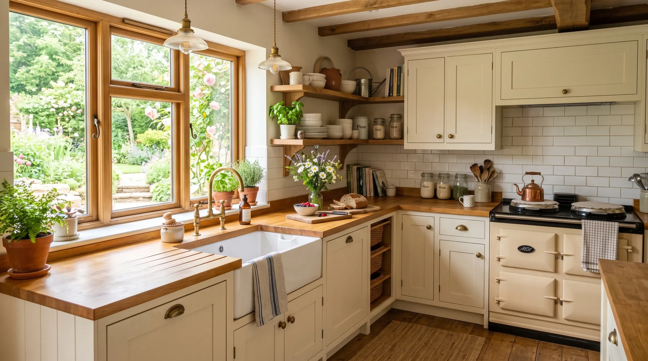 17 Farmhouse Cottage Kitchen Ideas to Master the New Timeless and Cozy Design Aesthetic 3 Bright and airy farmhouse cottage kitchen with cream cabinets, apron sink, open wooden shelves, and warm morning light