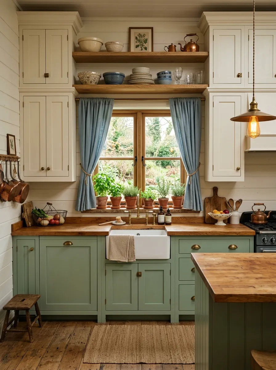 17 Farmhouse Cottage Kitchen Ideas to Master the New Timeless and Cozy Design Aesthetic 17 Layered warm color palette in a farmhouse cottage kitchen with cream walls, sage cabinets, and butcher block countertops
