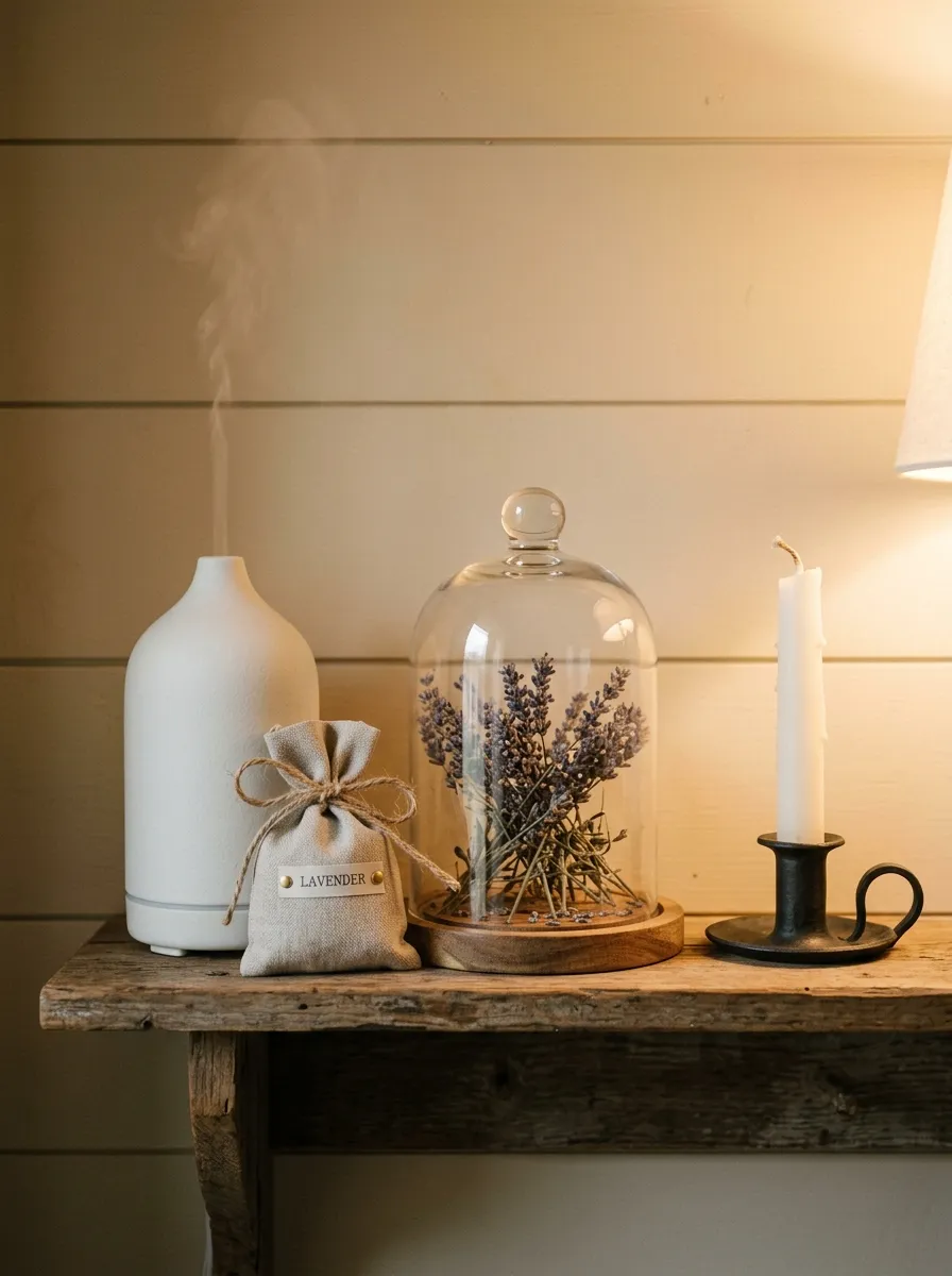 Cozy farmhouse laundry room shelf styled with ceramic diffuser, dried lavender, linen sachet, and beeswax candle in warm light