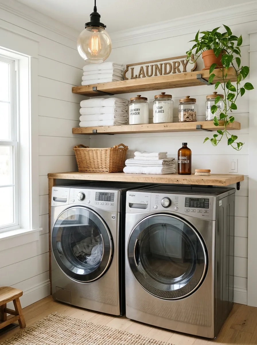 Farmhouse laundry room with white shiplap walls, open wood shelves, glass jars, and organized folded towels