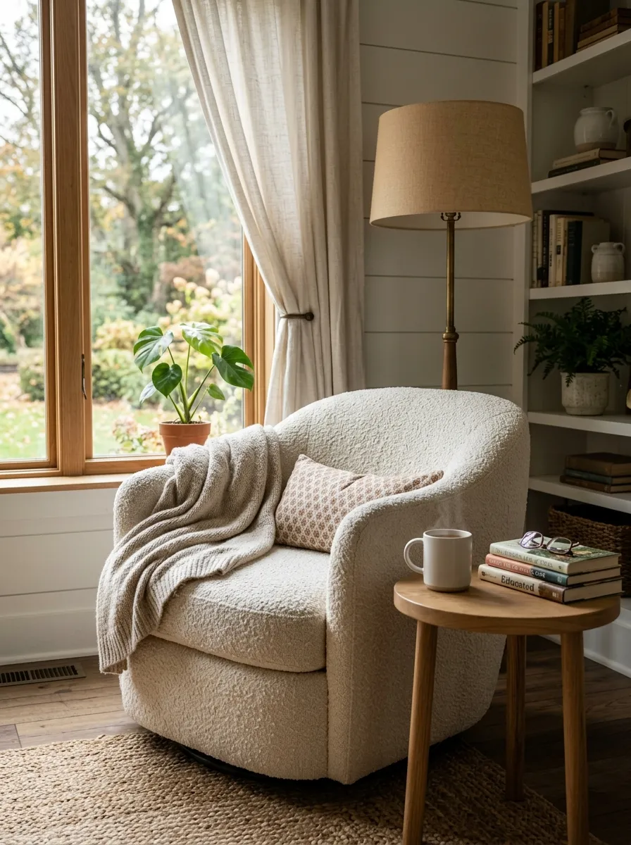 21 Modern Farmhouse Living Room Ideas That Perfectly Balance Texture, Warmth, and Modern Style 18 A cozy farmhouse living room reading nook featuring a cream boucle swivel chair near a window, a round wood side table, and a warm linen floor lamp.