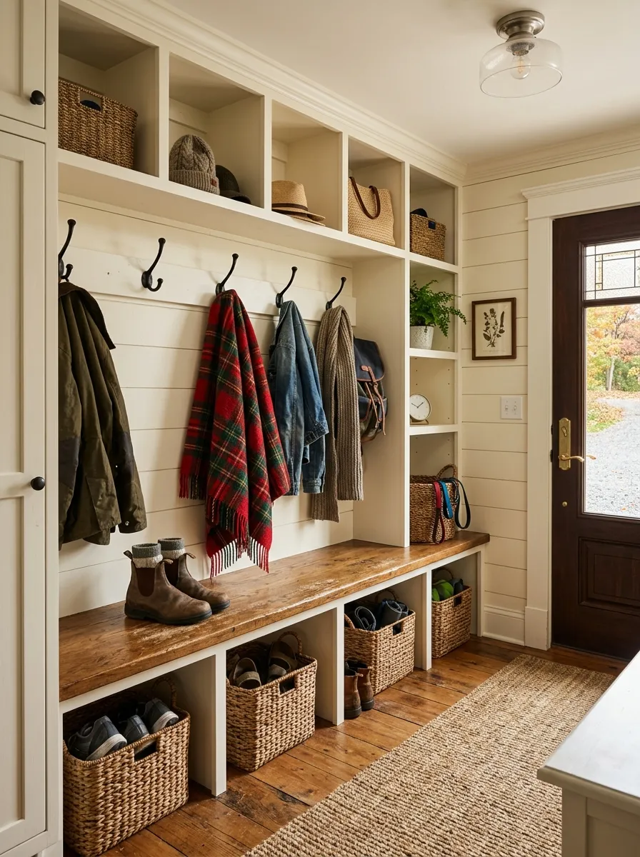 Farmhouse entryway mudroom with white built in cubbies, wicker baskets, matte black hooks, and plaid throw for cozy entryway decor