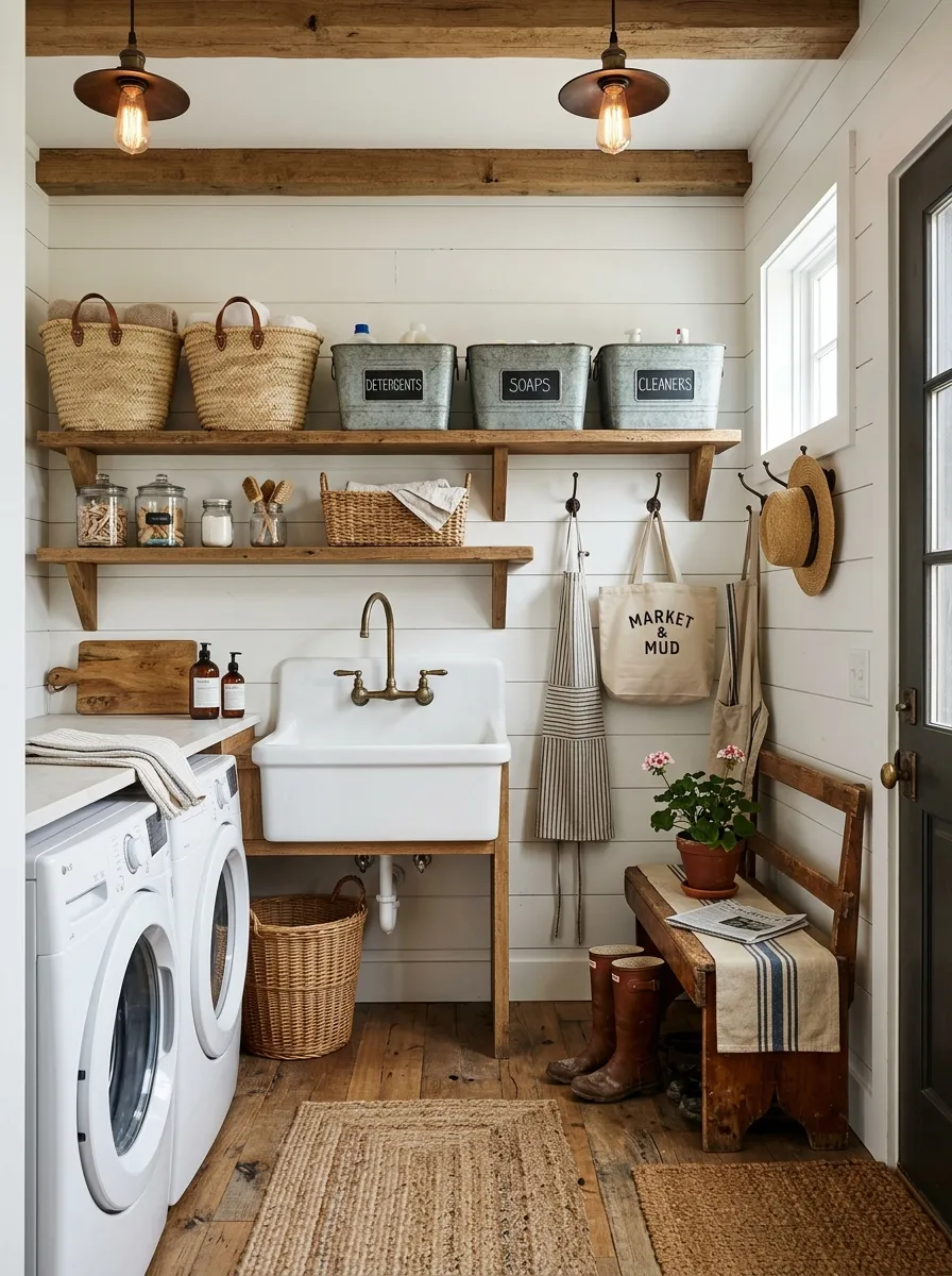 Farmhouse mudroom laundry room with white shiplap wall, ceramic utility sink, open wood shelving, and galvanized metal bins