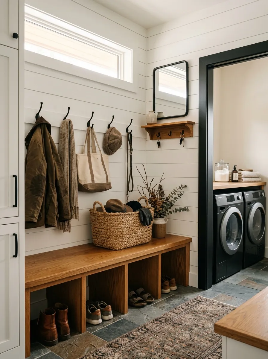 Combined farmhouse mudroom and laundry room with built in bench, shoe cubbies, coat hooks, and front load washer visible through doorway