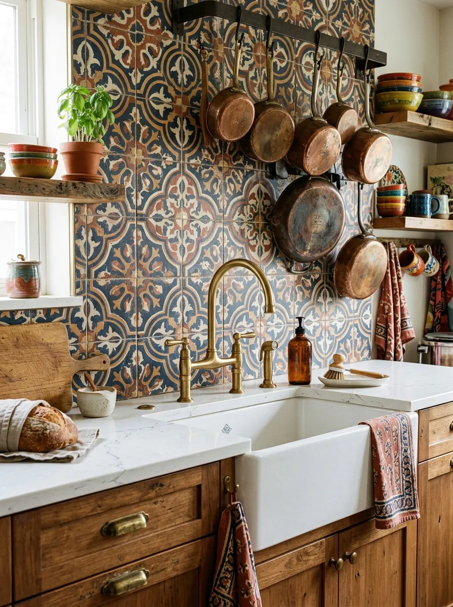 White apron front farmhouse sink against bold navy and terracotta encaustic tile backsplash with brushed brass faucet
