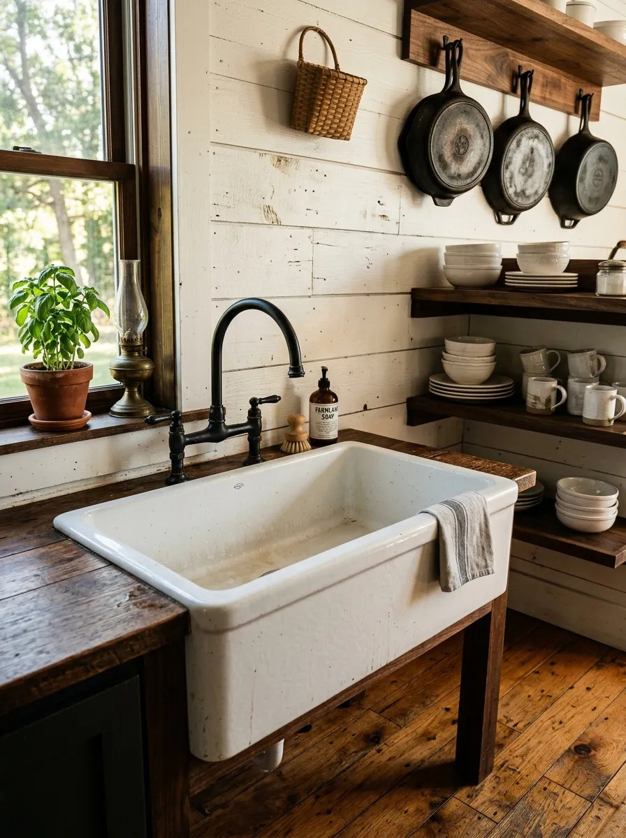 White apron front farmhouse sink with white shiplap backsplash and black iron bridge faucet in a classic farmhouse kitchen