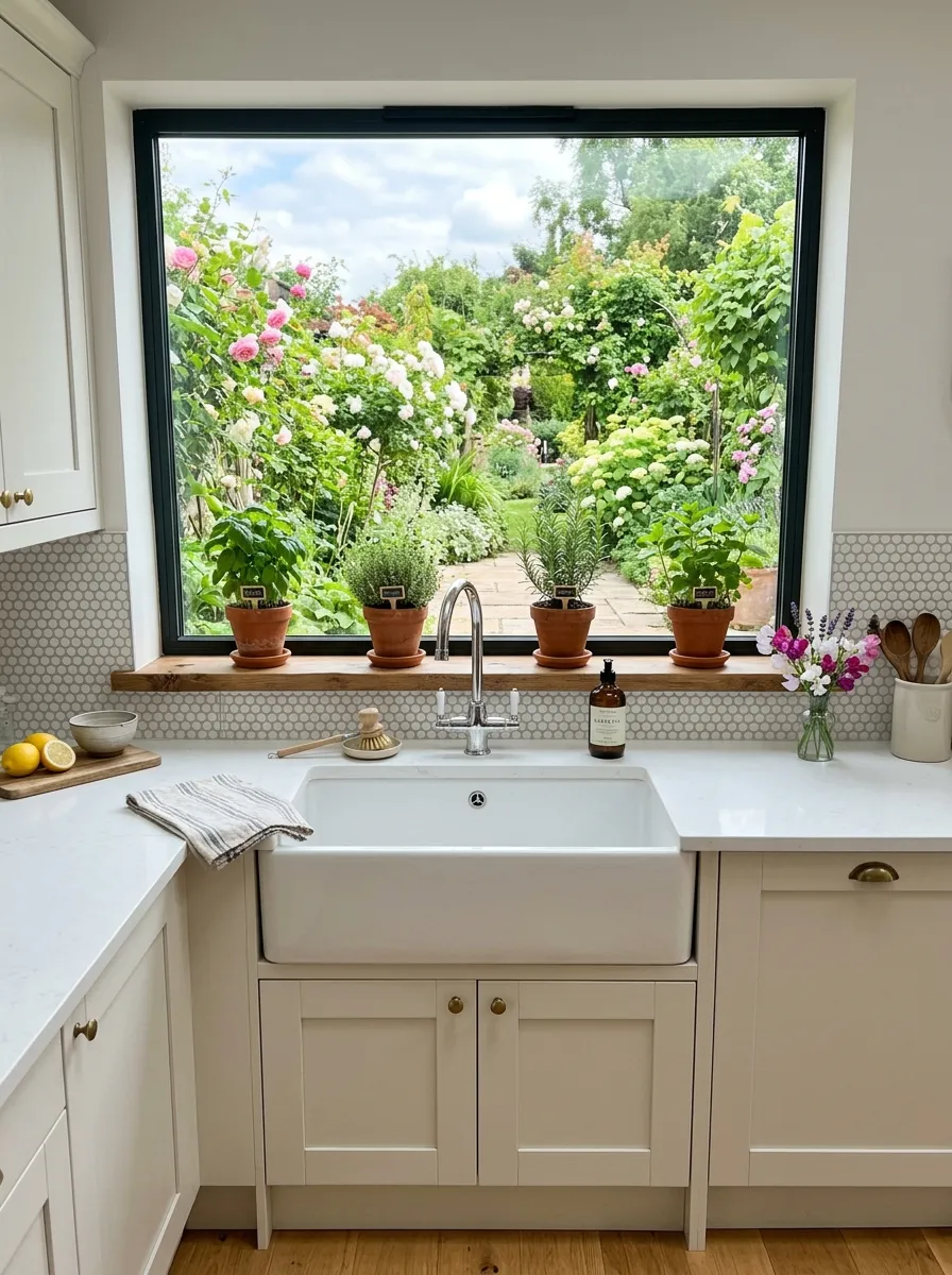 White farmhouse kitchen sink positioned below a large picture window with garden views and terracotta herb pots on sill