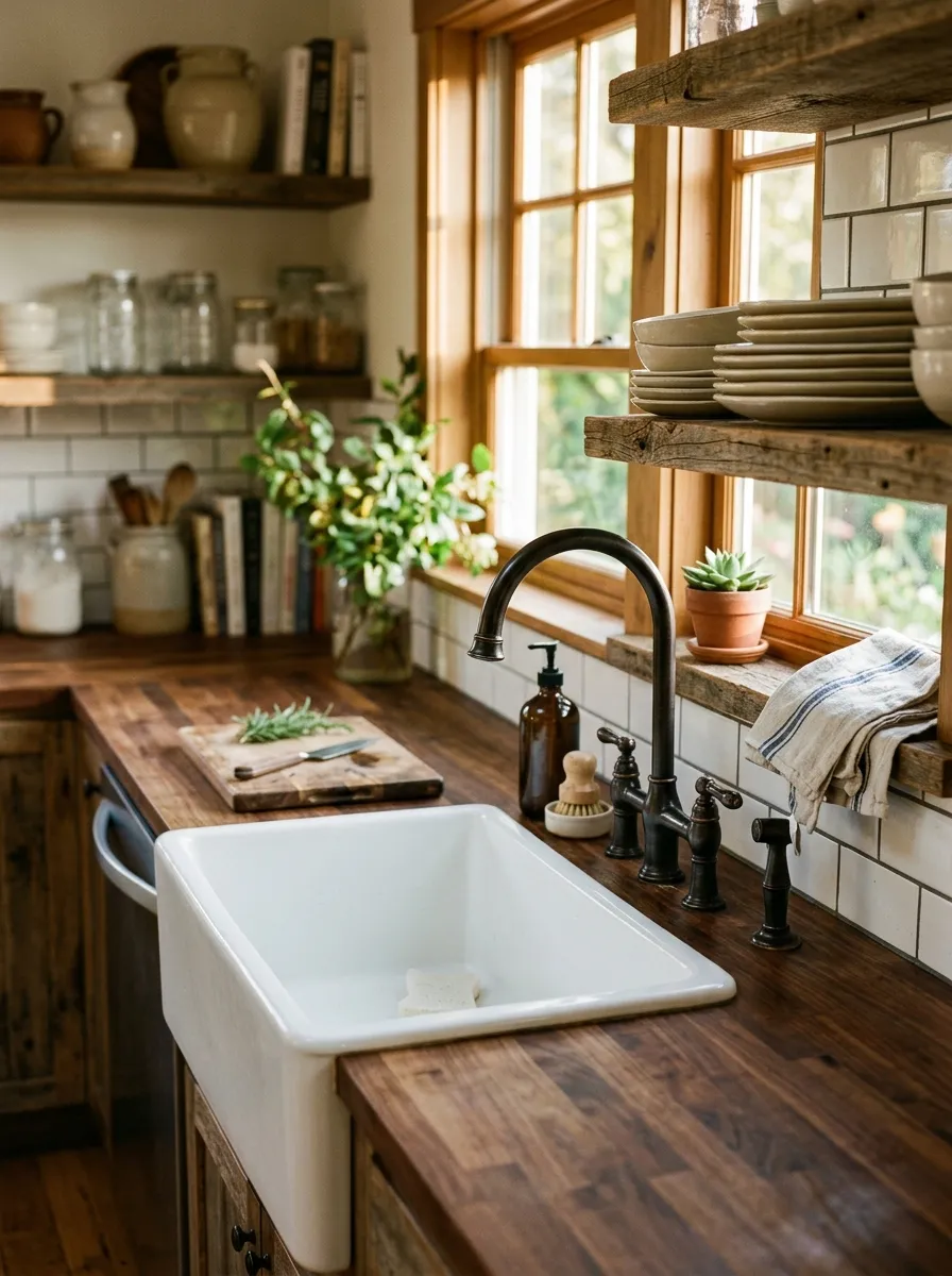 White apron front farmhouse sink set into warm butcher block countertops with oil rubbed bronze faucet in a cozy kitchen