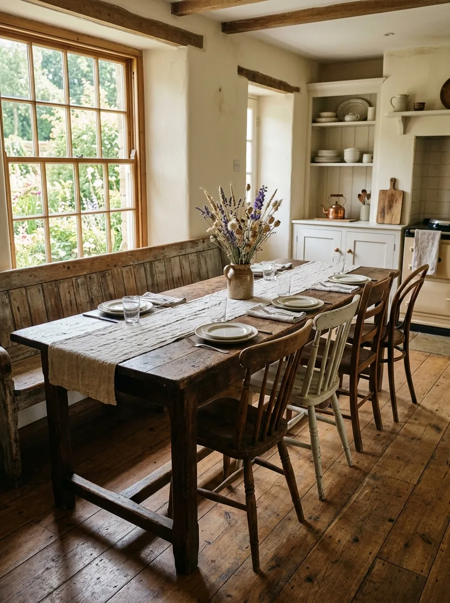17 Farmhouse Cottage Kitchen Ideas to Master the New Timeless and Cozy Design Aesthetic 14 Long reclaimed wood farmhouse table with wooden bench seating in a bright farmhouse cottage kitchen setting