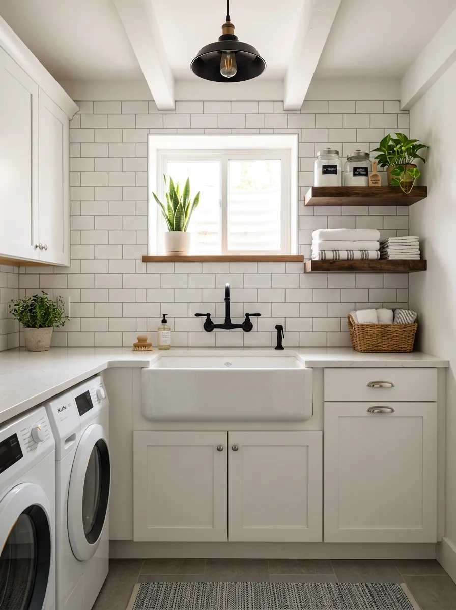 16 Basement Laundry Room Ideas That Use Smart Design Principles to Make Every Inch Work Better 6 Basement laundry room with deep white farmhouse utility sink, wall mounted black faucet, open shelves, and small basement window