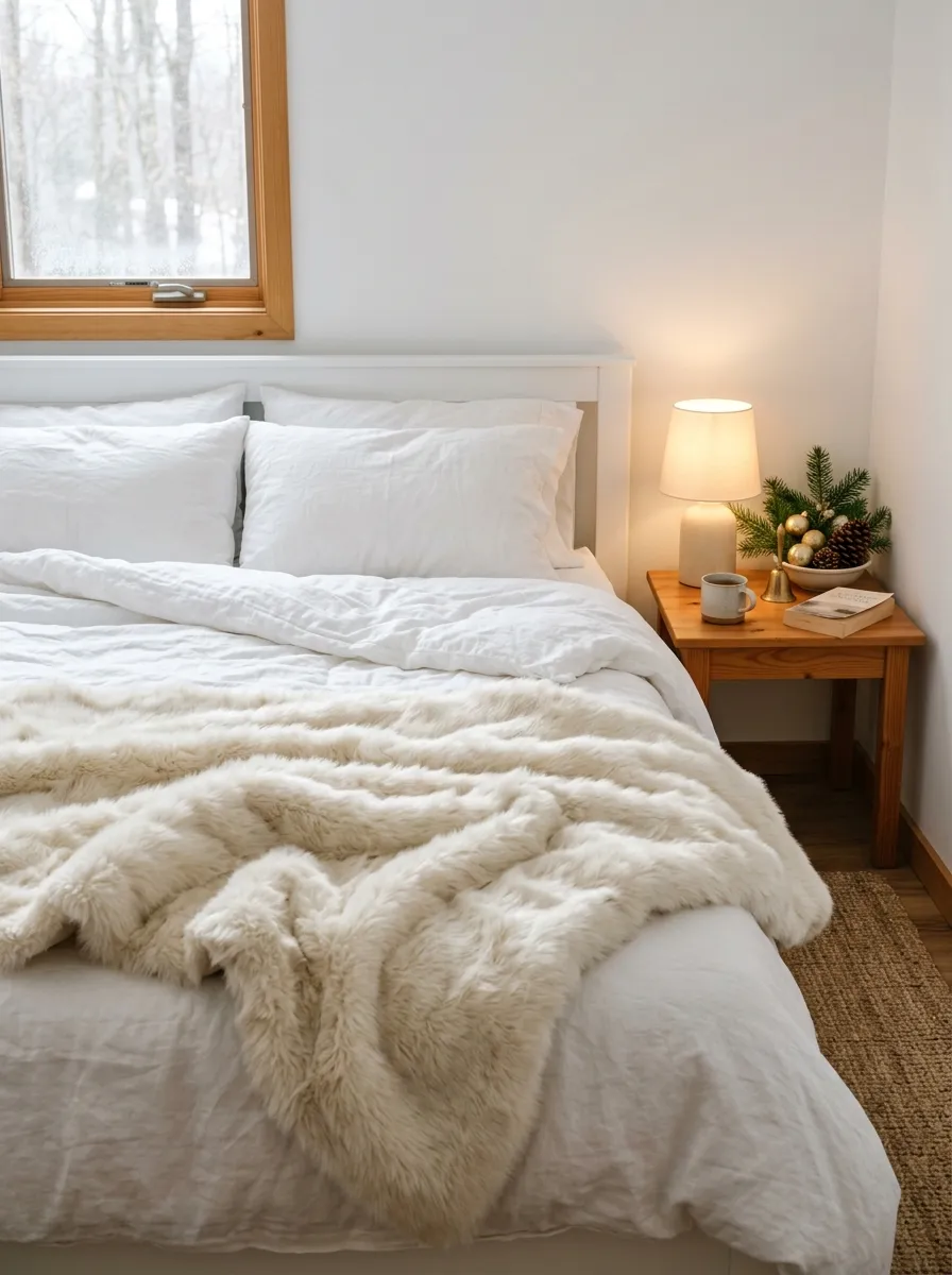 21 Christmas Bedroom Ideas That Make Your Space Feel Magical, Cozy, and Full of Holiday Charm 20 A white bedroom bed with a large ivory faux fur throw draped across it for a warm and cozy holiday bedroom decor winter look.