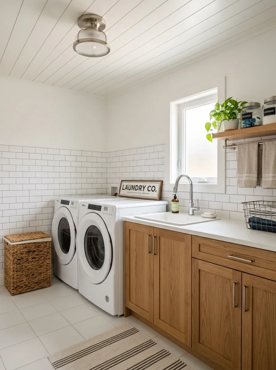 Clean laundry room with faux white subway tile grid laundry room wallpaper, warm oak cabinetry, chrome fixtures, and woven wicker hamper
