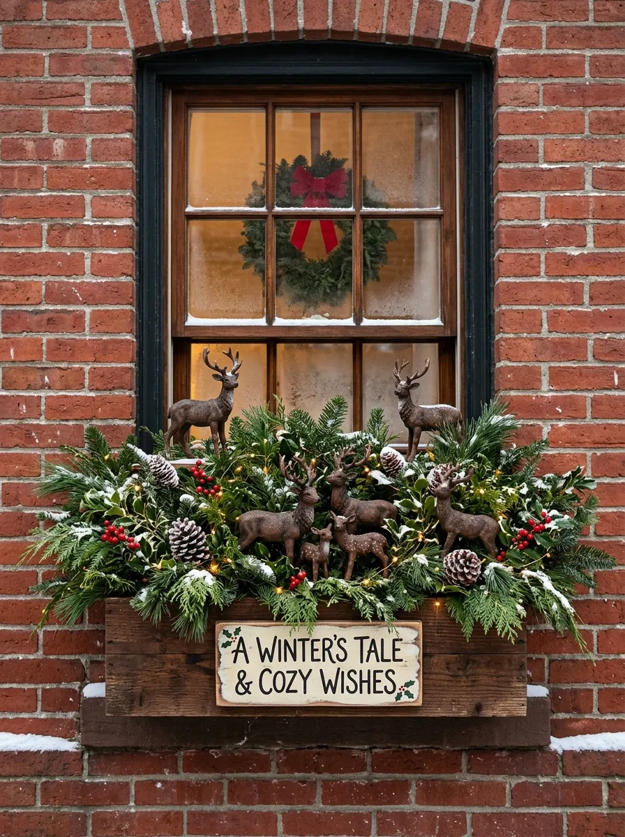 18 Winter Window Box Ideas That Bring Magical Seasonal Charm to Your Home Exterior 18 Festive winter window box with reindeer figurines, a wooden sign, and pine greenery on a warm red brick home