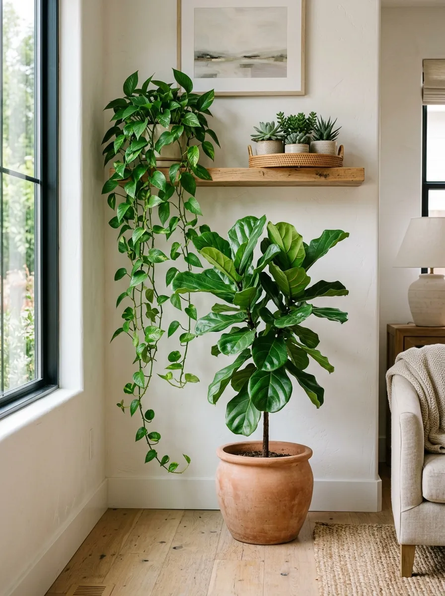 21 Modern Farmhouse Living Room Ideas That Perfectly Balance Texture, Warmth, and Modern Style 10 A farmhouse living room corner with a large fiddle leaf fig in a terracotta pot, trailing pothos on a floating wood shelf, and small succulent cluster.