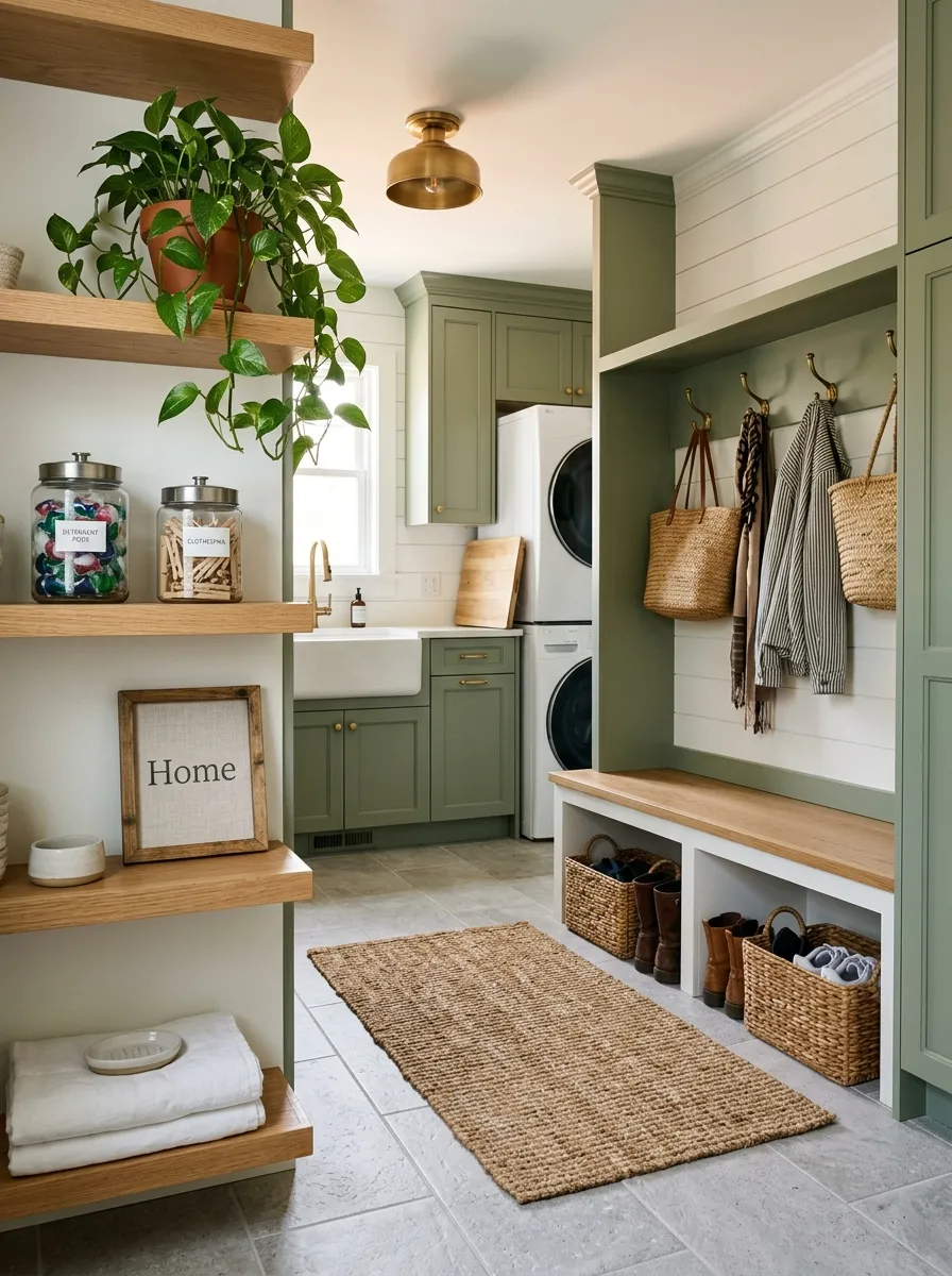 Finished mudroom laundry room with jute rug, glass laundry jars, trailing pothos plant, framed linen print, and sage green cabinetry