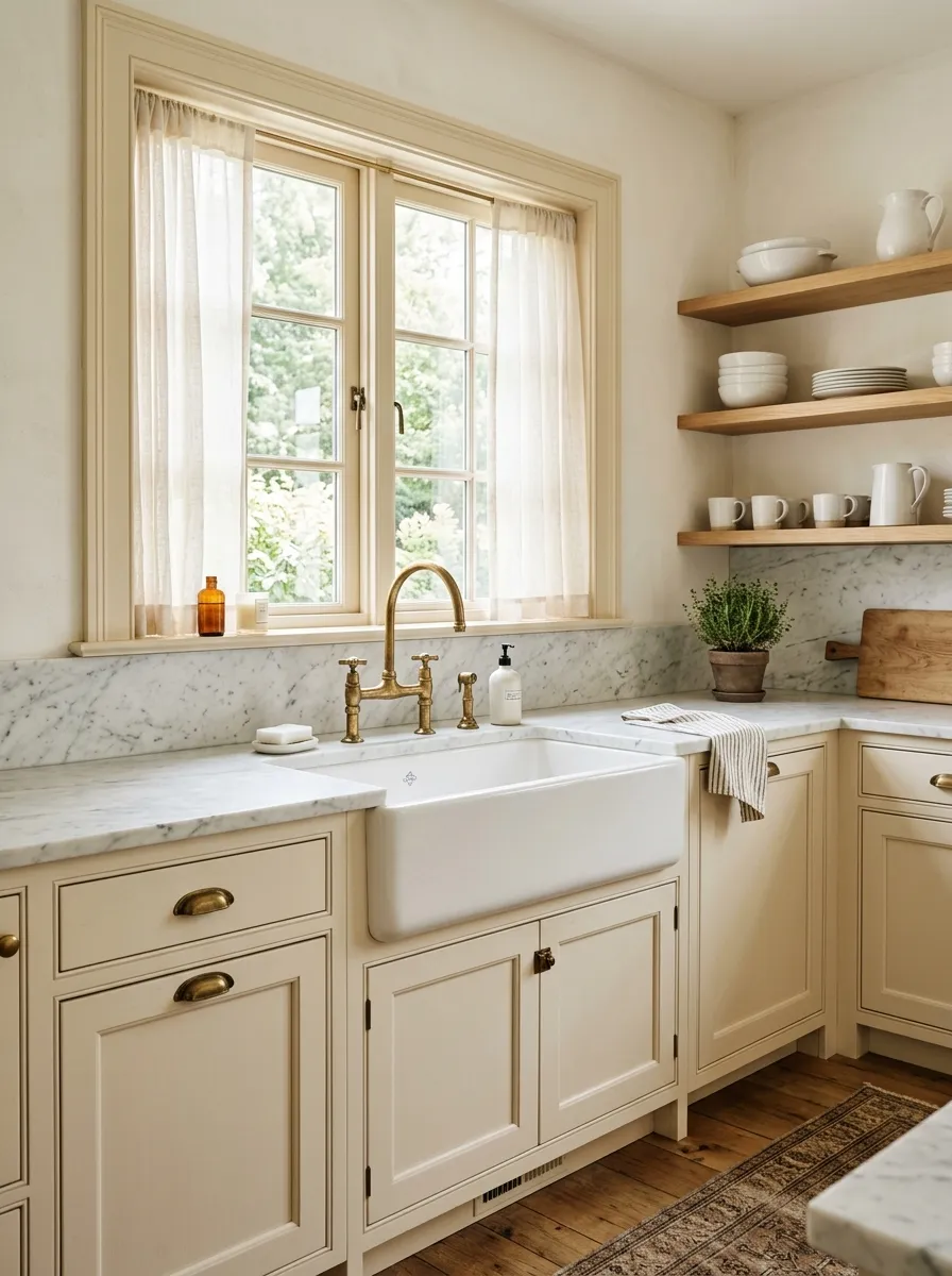 White fireclay farmhouse sink with Carrara marble countertops and unlacquered brass faucet in a luxurious farmhouse kitchen