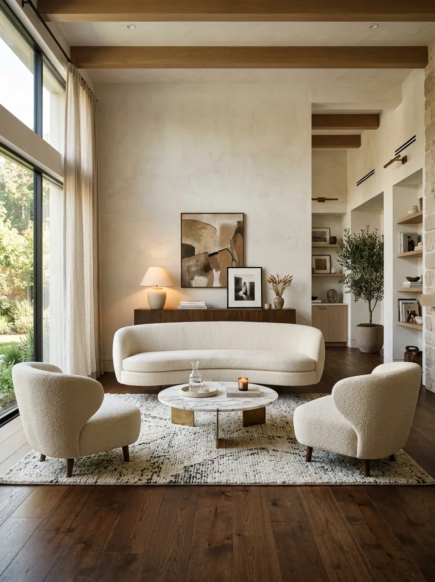 25 Luxury Living Room Ideas That Reveal the Design Details Most People Completely Overlook 11 Cream sofa pulled from the wall with paired armchairs in an upscale living room decor floating furniture arrangement