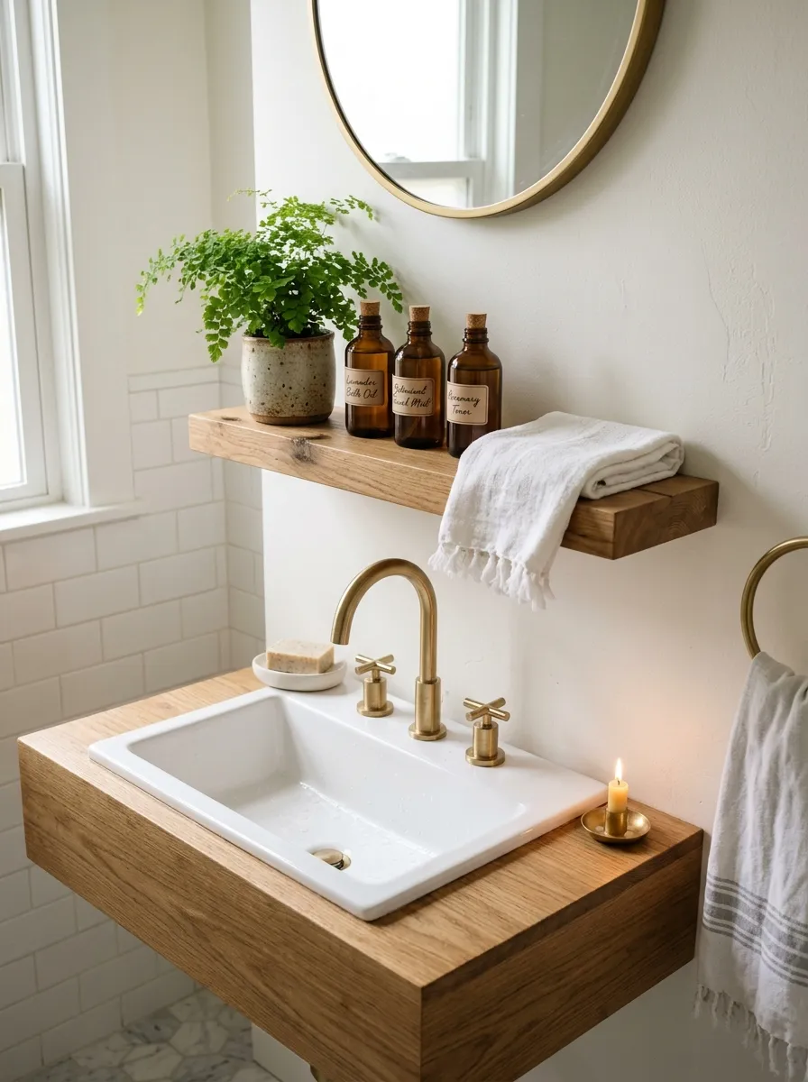 17 Bathroom Counter Styling Ideas for an Instant Aesthetic Glow Up That Looks Expensive 8 Counter styling ideas with floating wood shelf above sink holding amber bottles, fern, and folded linen cloth