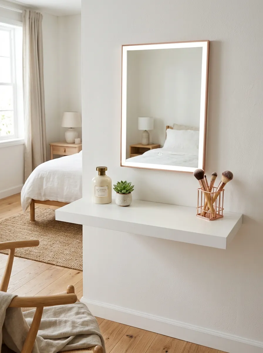 19 Small Bedroom Vanity Ideas to Create an Instagram Worthy Beauty Space With Style 1 Floating wall shelf vanity with LED mirror and minimal decor in a Scandinavian small bedroom setup