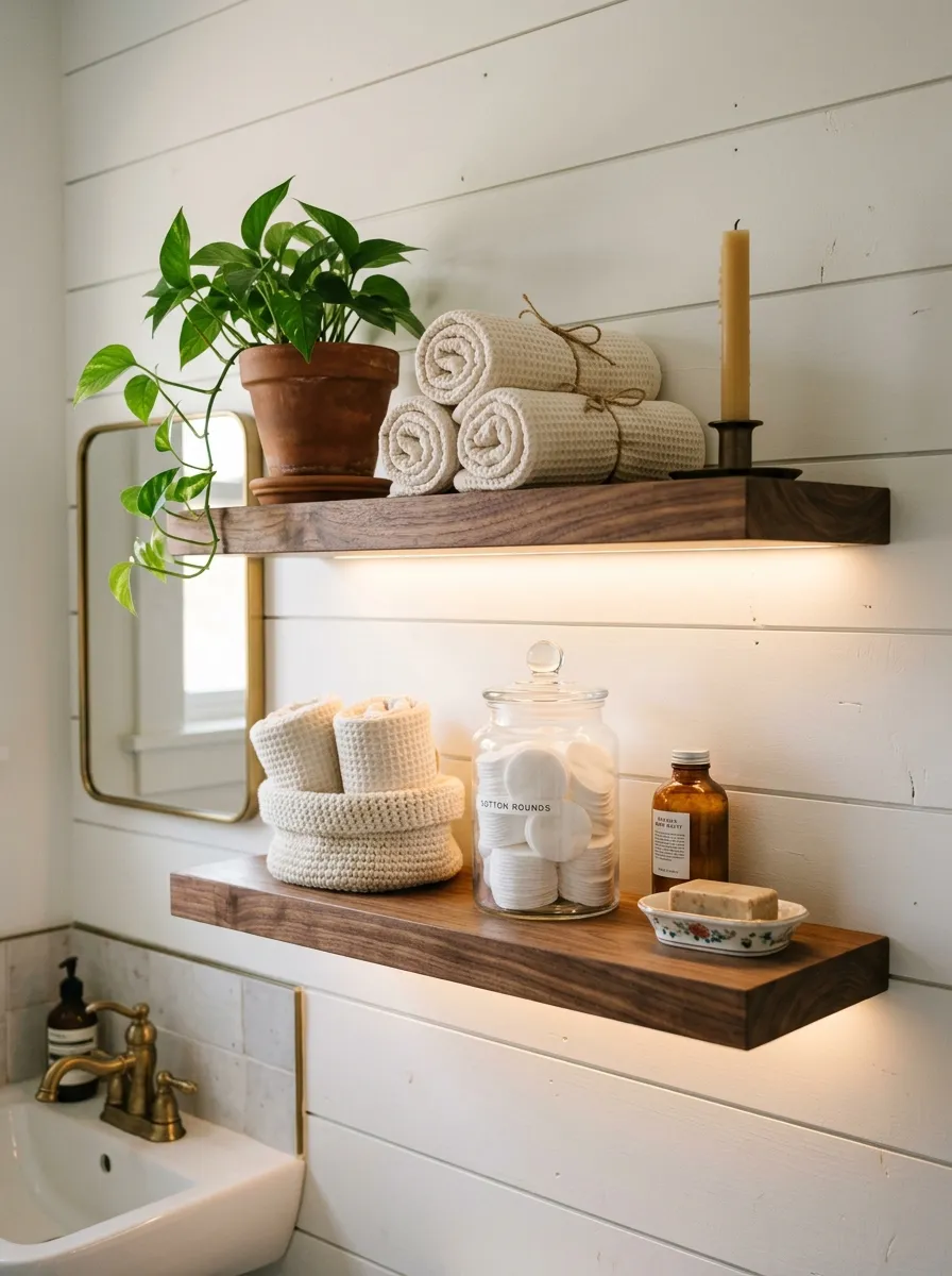 Floating walnut shelves with rolled towels, trailing plant, and glass jars styled in a warm and cozy guest bathroom