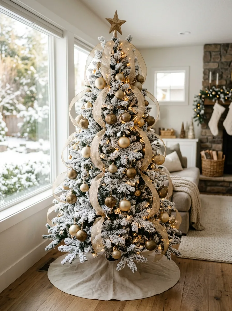 Flocked Christmas tree with matte gold ornaments, sheer ribbon, and warm white fairy lights for elegant holiday home decor