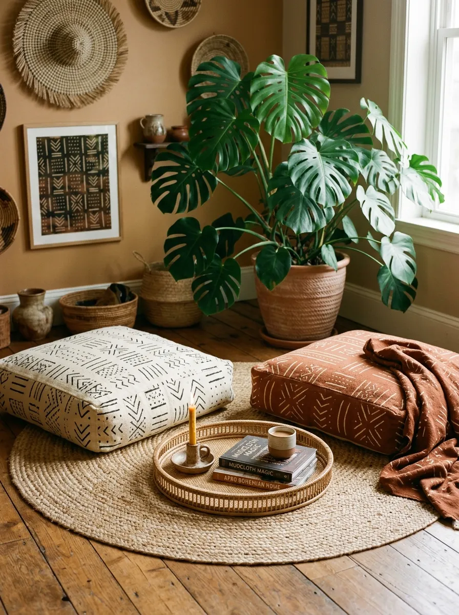 23 Afro Boho Living Room Ideas That Feel Warm, Authentic, Stylish, and Truly Lived In 16 Terracotta and mudcloth floor cushions with low rattan tray table in a relaxed Afro Boho Living Room