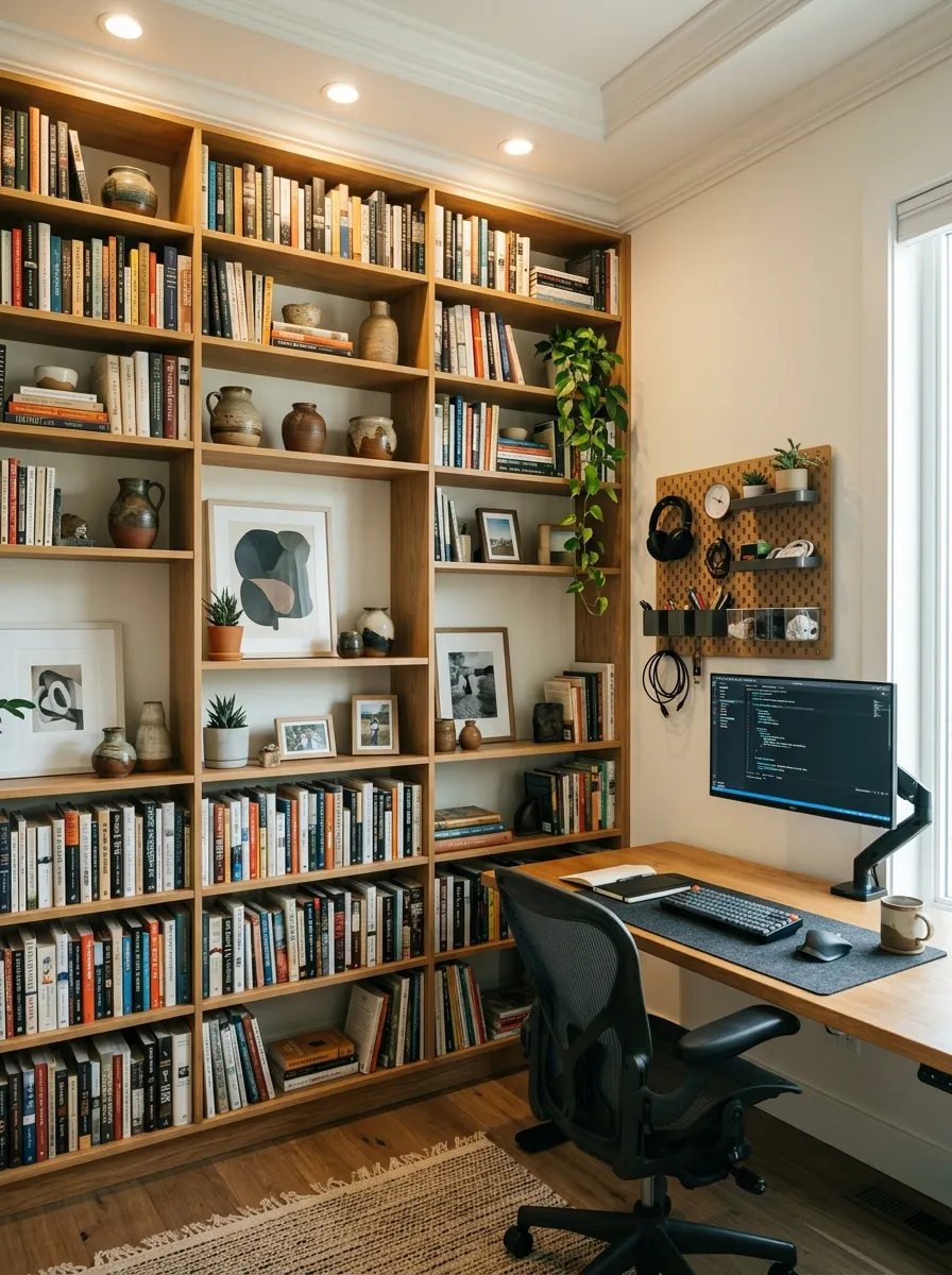 Home office design with floor to ceiling open bookshelf wall, pegboard above desk with supplies, monitor arm, and warm wood desk surface
