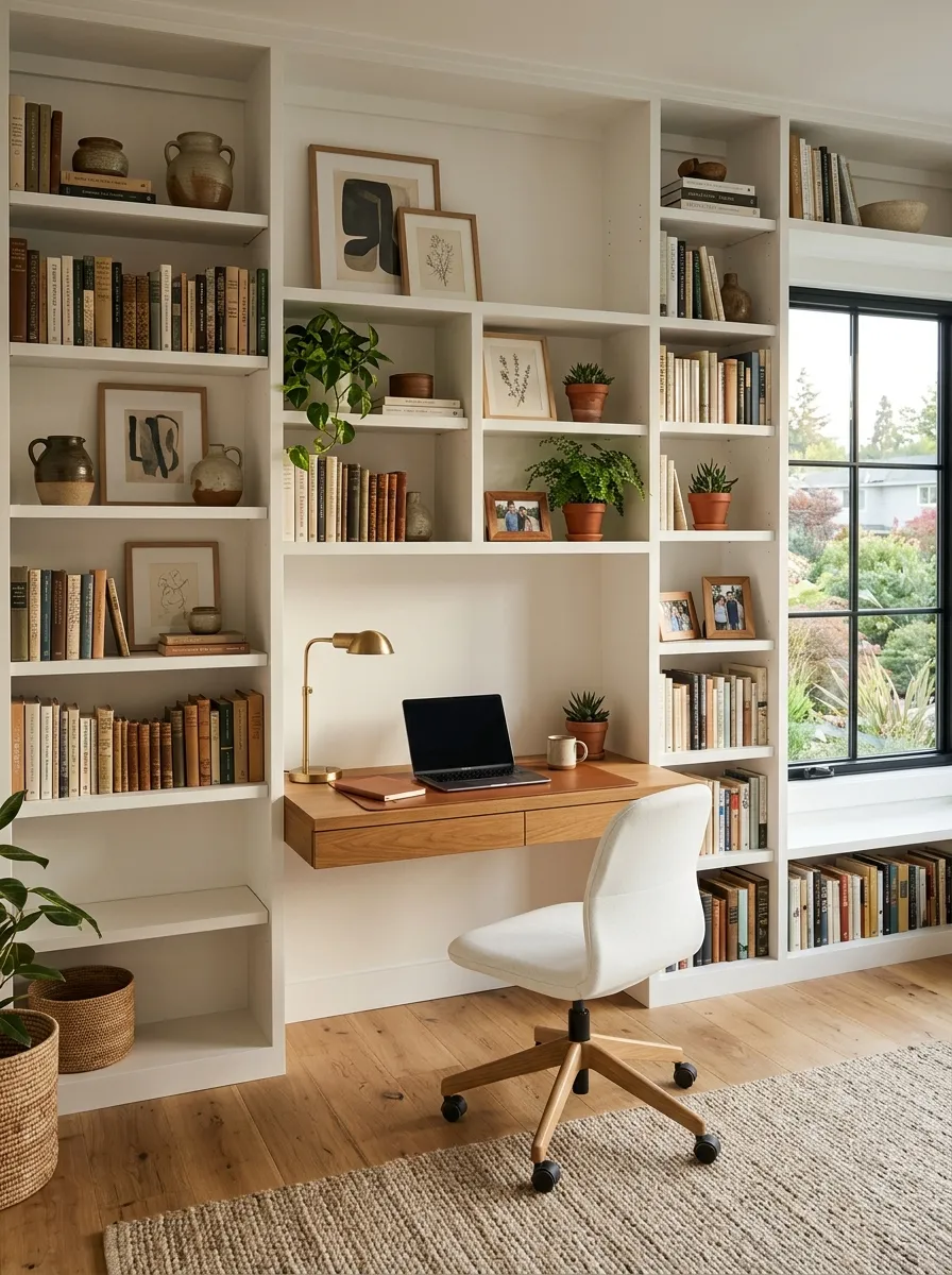 Home office design with floor to ceiling built in white shelving framing a wood desk, styled with books, ceramics, and plants in warm natural light