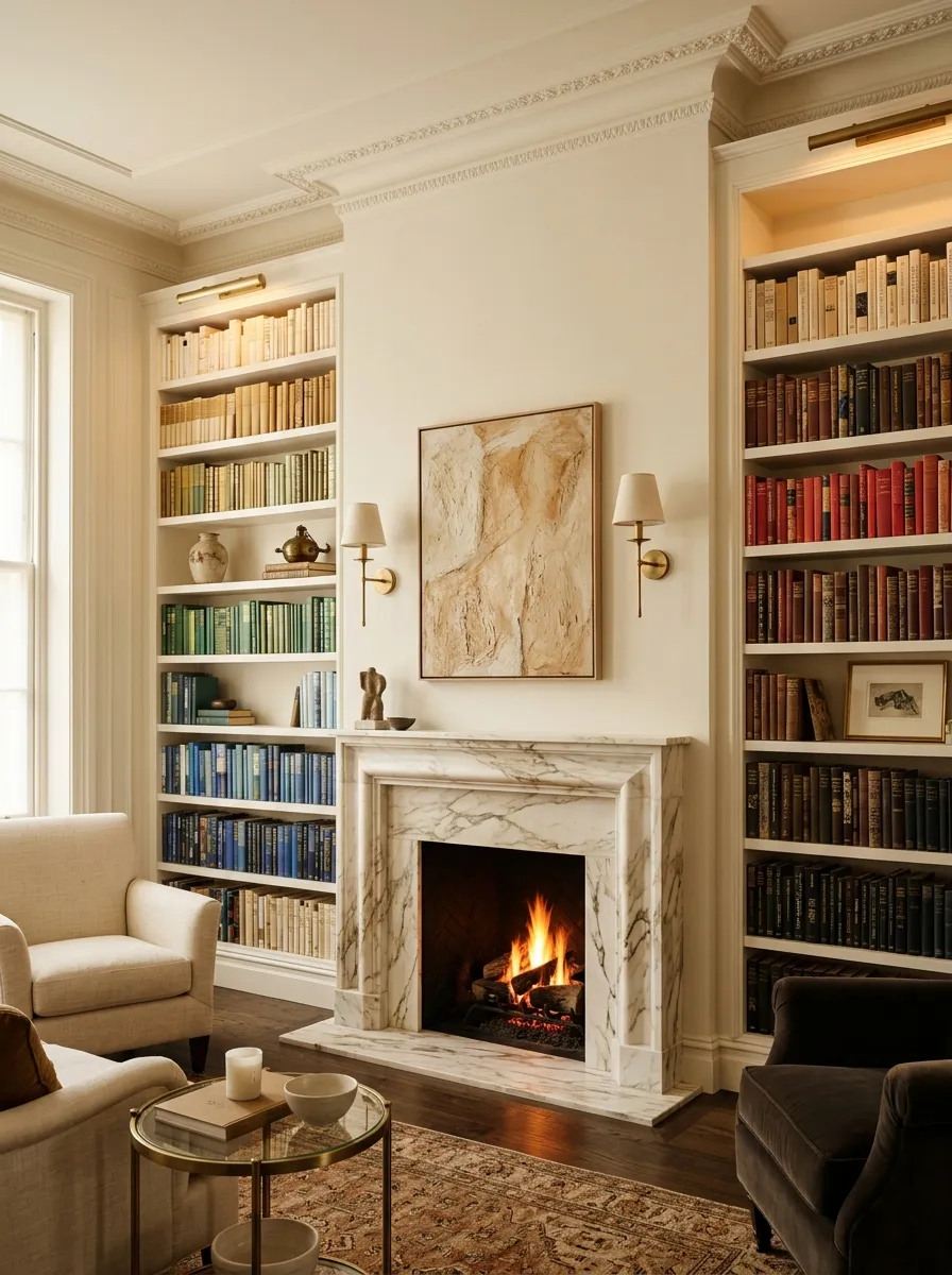 25 Luxury Living Room Ideas That Reveal the Design Details Most People Completely Overlook 22 Floor to ceiling built in bookshelves flanking a marble fireplace in a luxury living room with crown molding detail