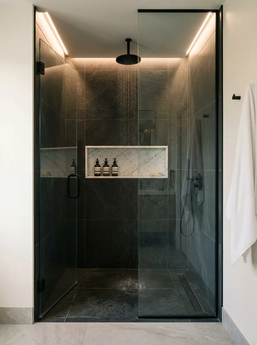 18 Black and White Bathroom Ideas That Photograph Beautifully and Look Just as Good in Real Life 8 Dramatic walk in shower with floor to ceiling dark charcoal tiles and matte black rainfall showerhead