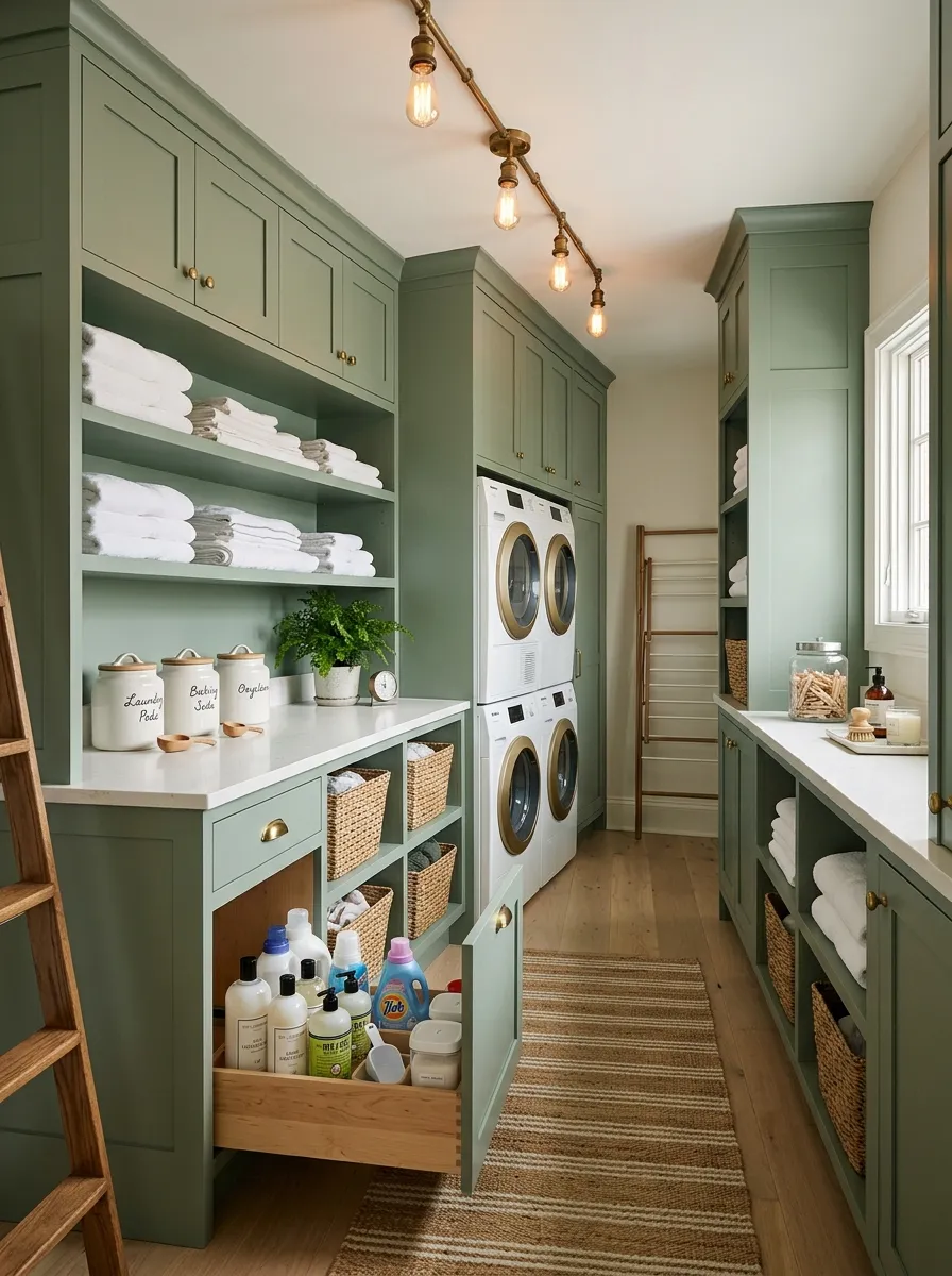 18 Green Laundry Room Ideas That Prove This Color Is More Than Just a Passing Design Trend 18 Green laundry room with floor to ceiling sage cabinetry, pull out drawers, open shelves with folded linens, labeled ceramic jars, and woven baskets