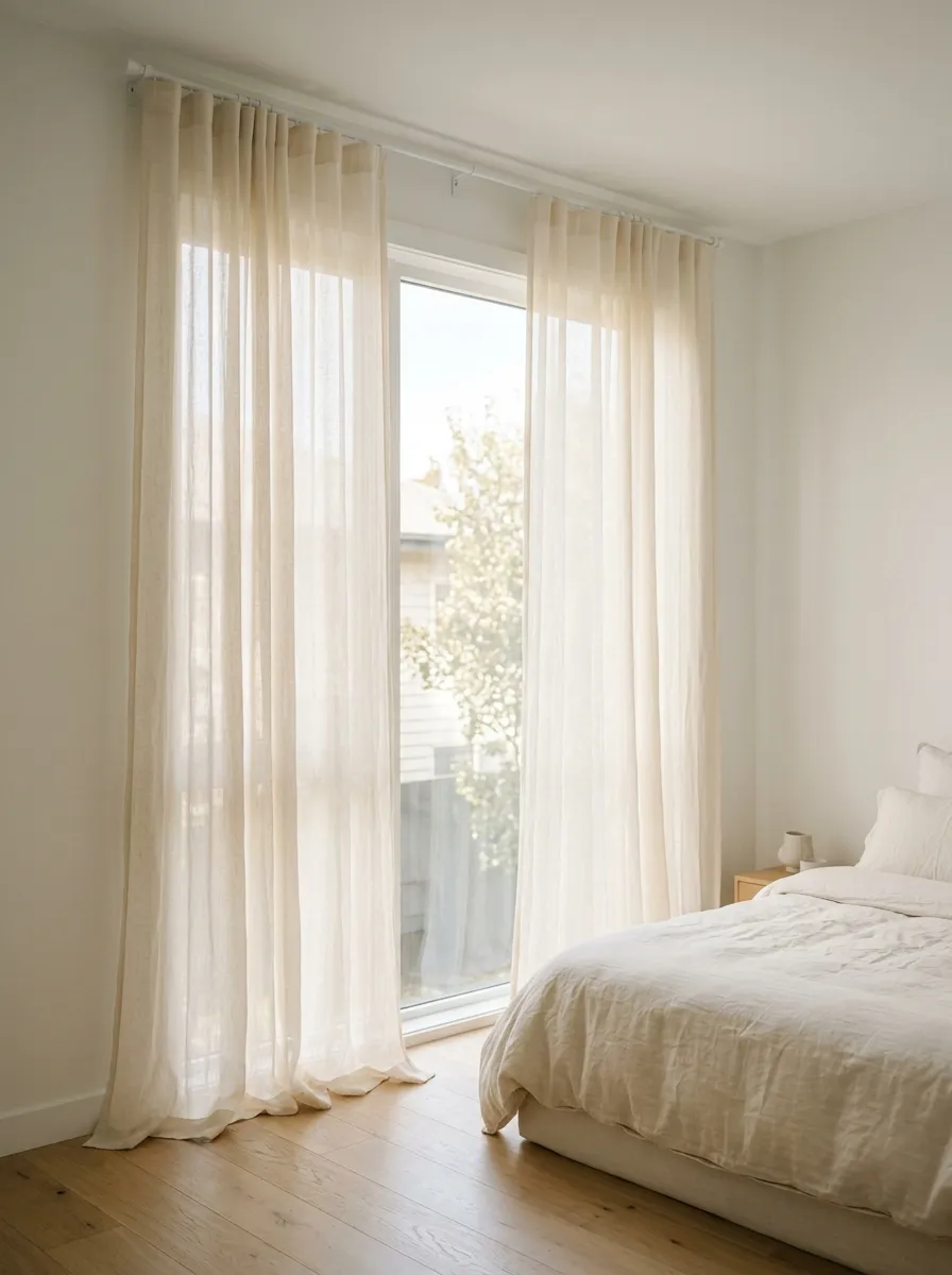 Ivory sheer linen curtains filtering morning light in a calm and airy minimalist bedroom