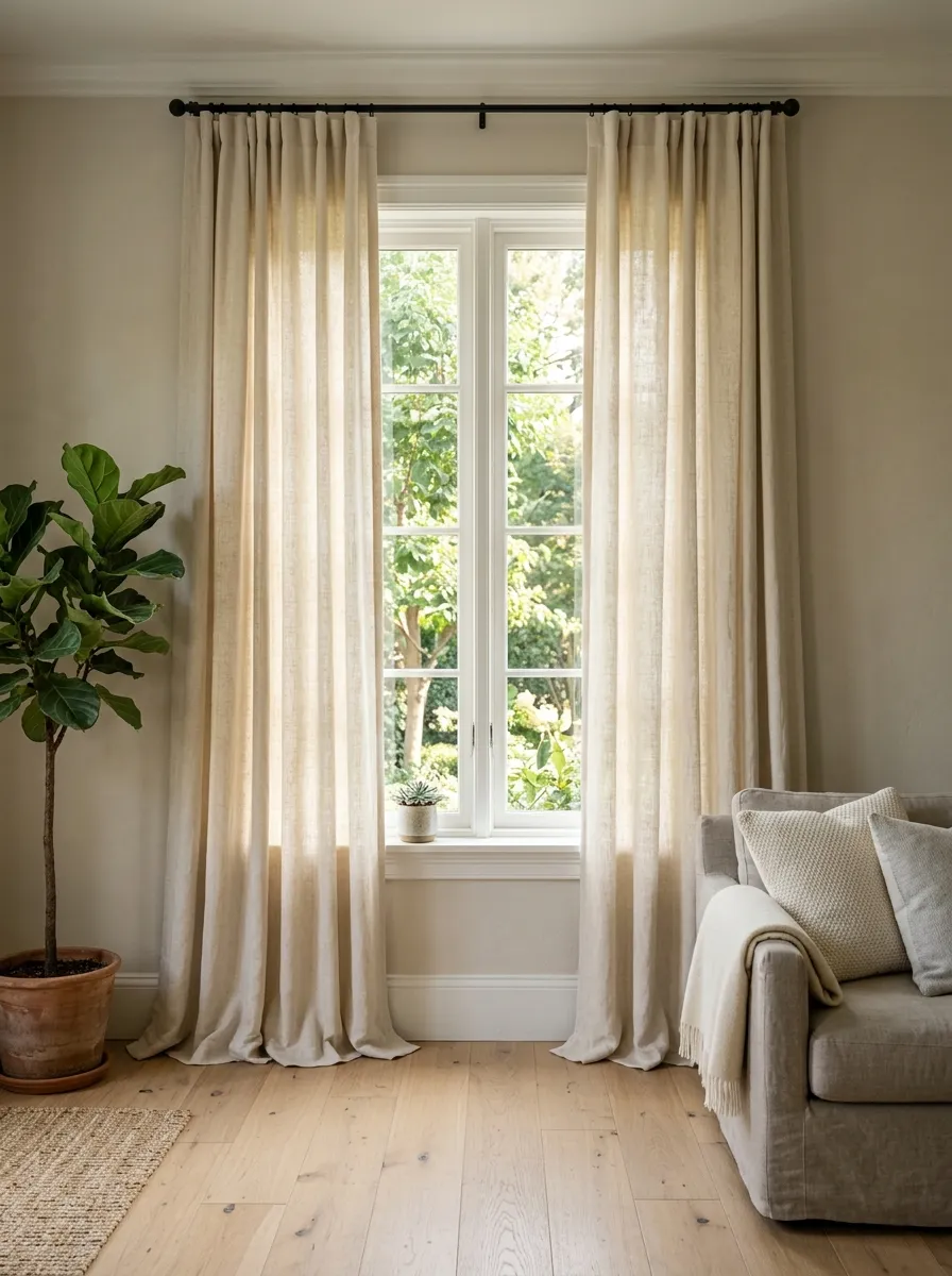 21 Modern Farmhouse Living Room Ideas That Perfectly Balance Texture, Warmth, and Modern Style 14 A modern farmhouse living room featuring floor to ceiling warm ivory linen curtains hanging high and wide above a tall window with pooling hem detail.