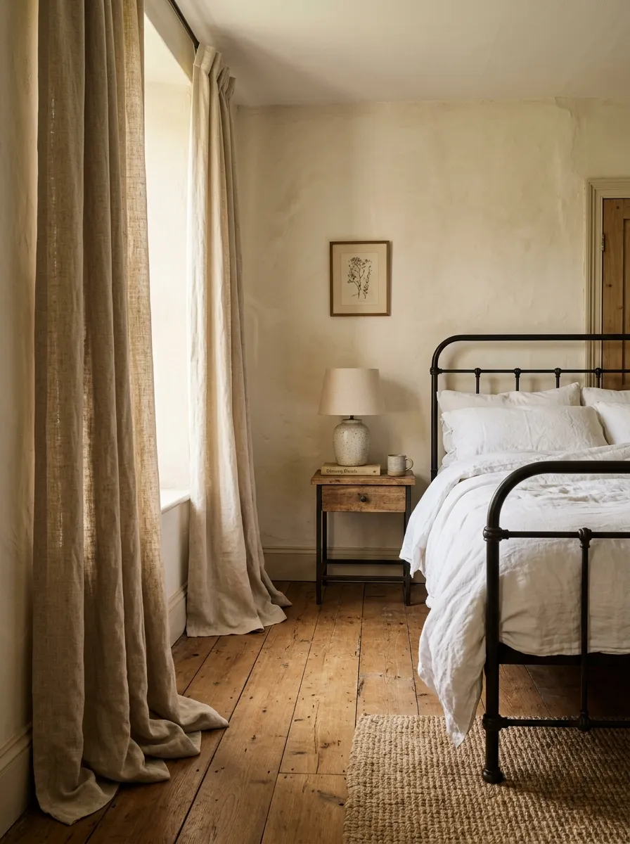 21 Earthy Cottage Decorating Ideas That Transform Your Home Into a Calm and Cozy Retreat 11 Flowing natural linen curtains pooling on wood floors in a soft and peaceful earthy cottage bedroom