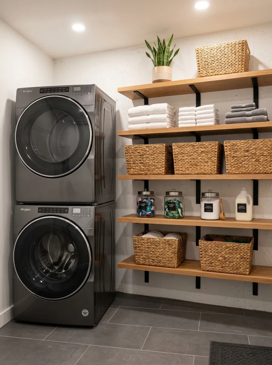 16 Basement Laundry Room Ideas That Use Smart Design Principles to Make Every Inch Work Better 1 Basement laundry room with floor to ceiling floating wood shelves, matte black brackets, and organized woven storage baskets