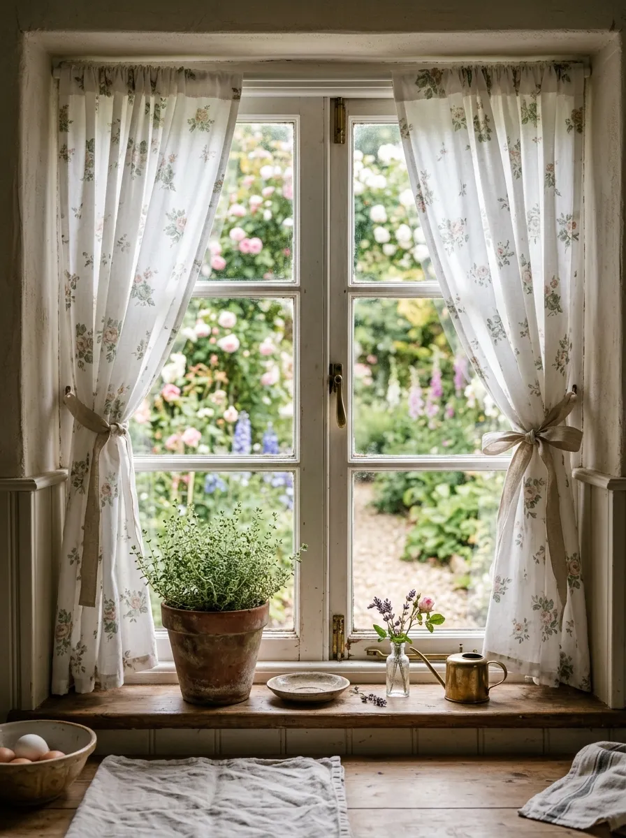 Soft white floral cotton curtains with sage and blush print on a cottage kitchen window in warm morning light