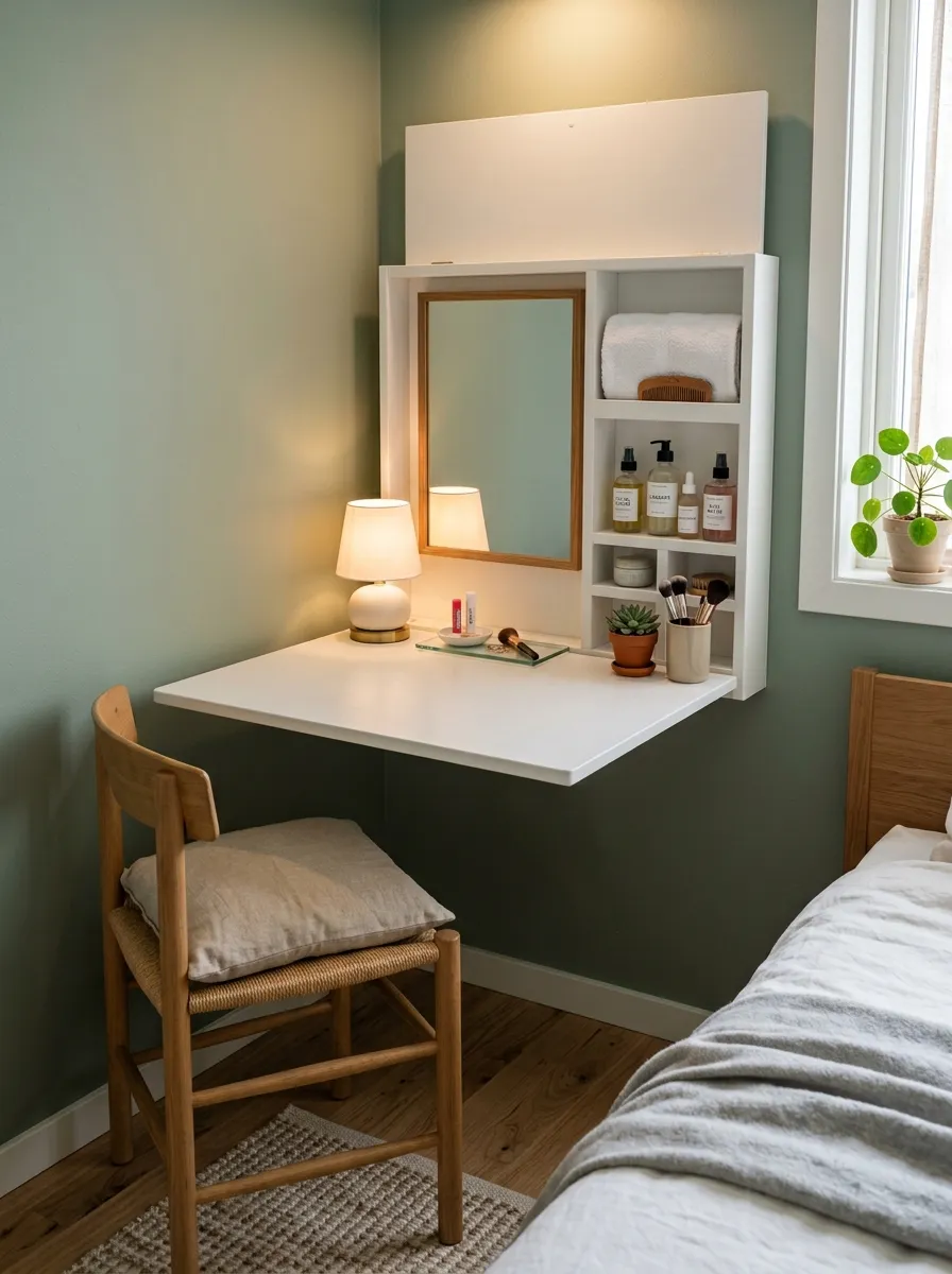 19 Small Bedroom Vanity Ideas to Create an Instagram Worthy Beauty Space With Style 5 Fold down murphy vanity mounted on a sage green wall with built in mirror in a minimal small bedroom
