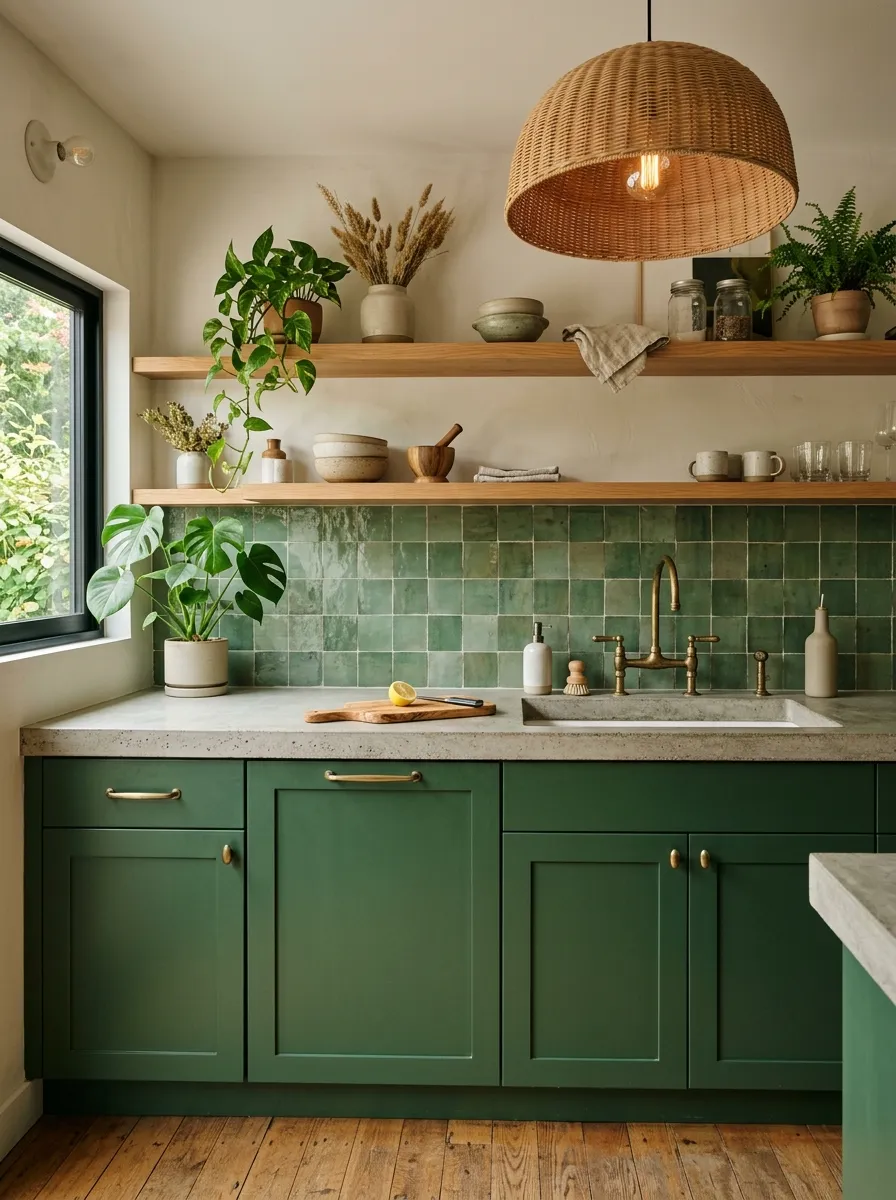 Forest green lower cabinets with natural wood open shelves and brass hardware in an earthy two color kitchen cabinet setup