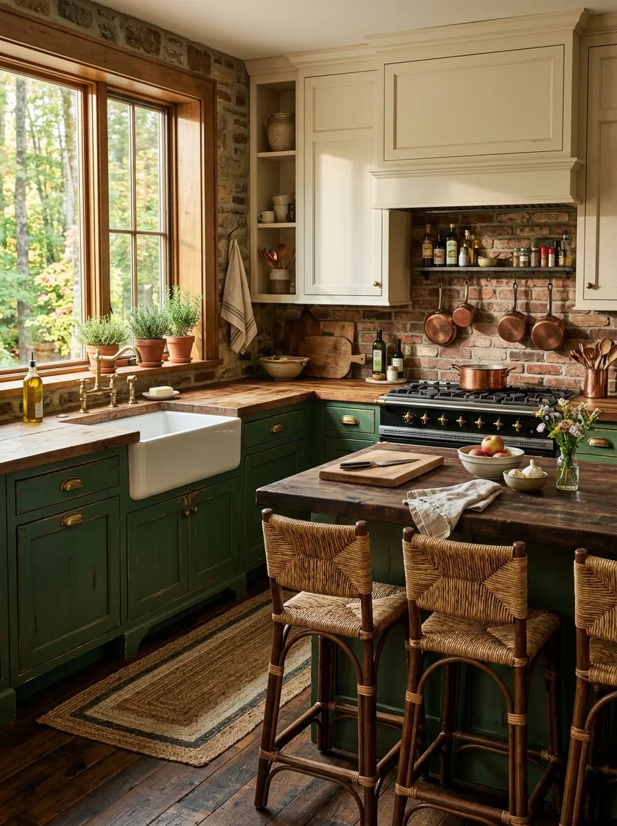 23 Rustic Farmhouse Kitchen Ideas That Use Quiet Design Rules to Create a Timeless Look 17 Forest green lower cabinetry with aged brass pulls and cream upper cabinets in a warm rustic farmhouse kitchen with brick backsplash.