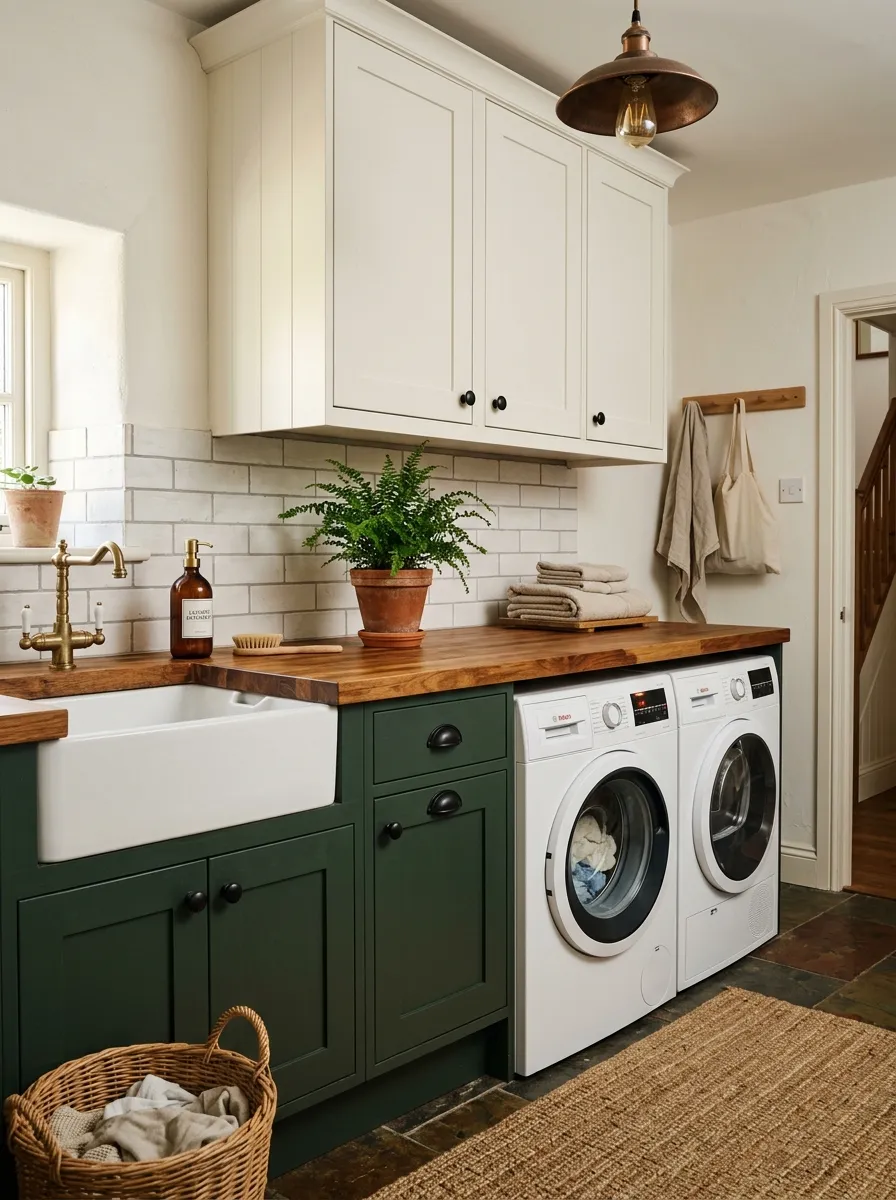 Deep forest green lower cabinetry with white upper cabinets and butcher block countertop in a sophisticated farmhouse laundry room