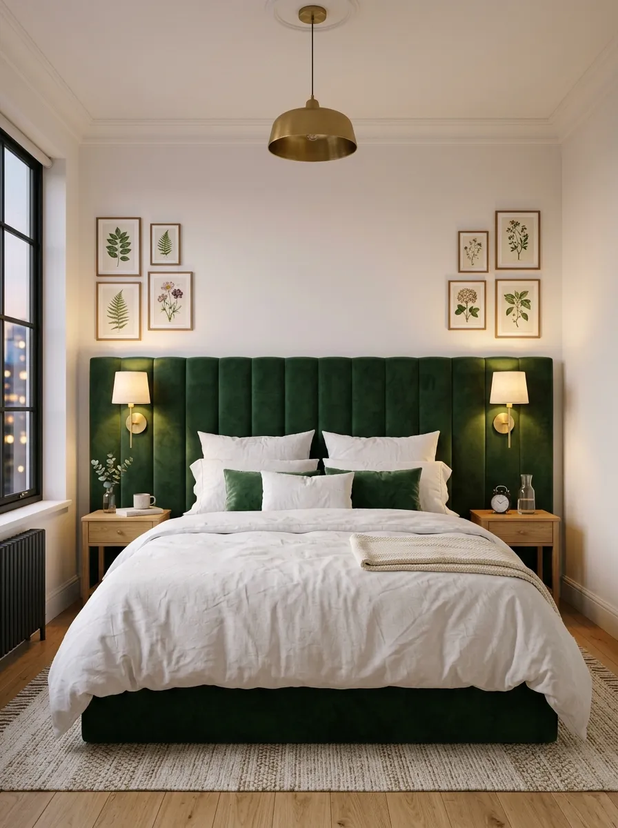 22 Colorful Apartment Decorating Ideas That Make Every Room Feel Bold, Stylish, and Cohesive 18 Oversized forest green velvet headboard on a white linen bed in a modern apartment bedroom with brass sconces