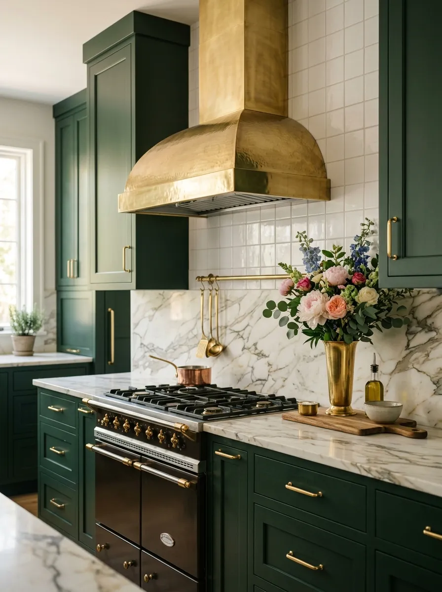 Deep forest green flat front cabinets with polished brass hardware, marble countertop, and a brass range hood in a luxurious kitchen